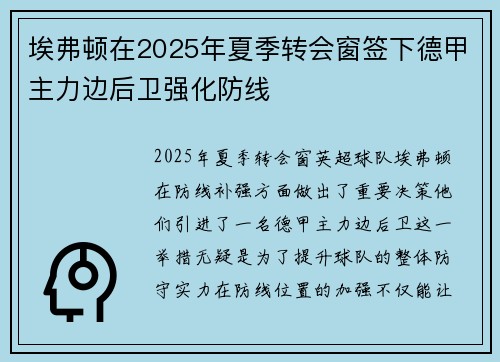埃弗顿在2025年夏季转会窗签下德甲主力边后卫强化防线 埃弗顿在2025年夏季转会窗签下德甲主力边后卫强化防线